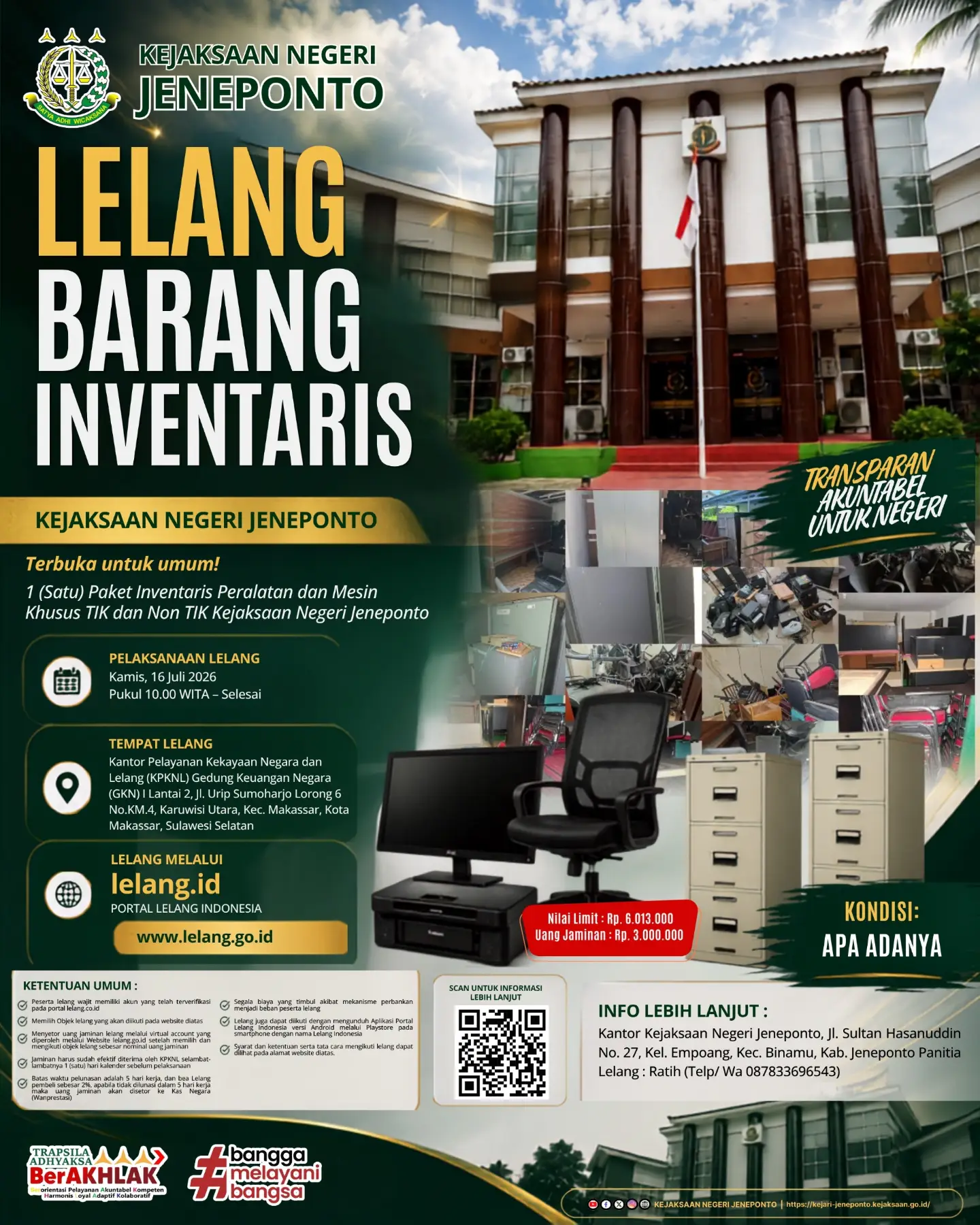 Pengumuman Lelang Barang Inventaris Kejaksaan Negeri Jeneponto Tahun 2026